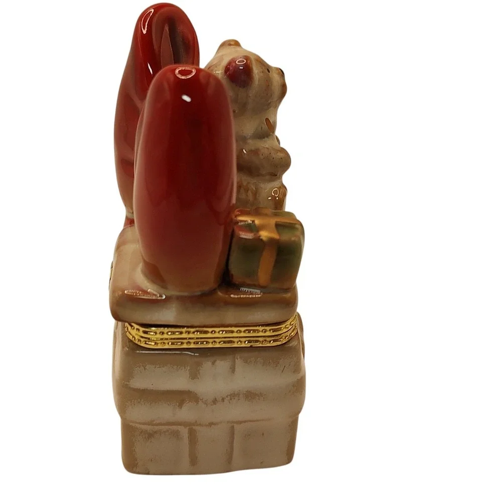 Vintage Porcelain‎ Trinket Box Hinged with Teddy Bear Elephant Red Bow Four Inch
